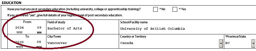 Screenshot of how to fill out the Education section for the TRV application