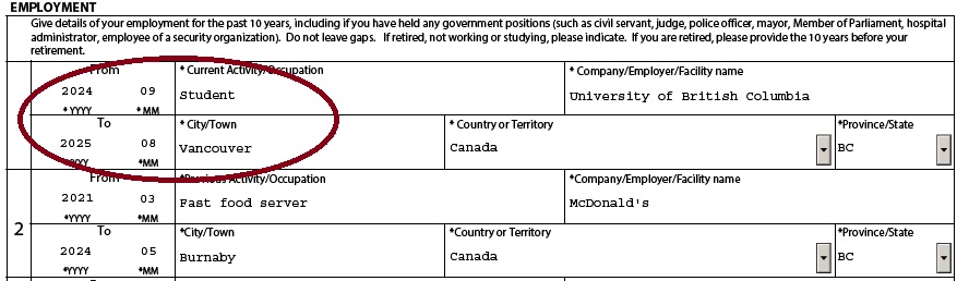 Screenshot of how to fill out the Employment section for the TRV application
