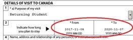 Screenshot of how to fill out the length of your stay for the TRV application